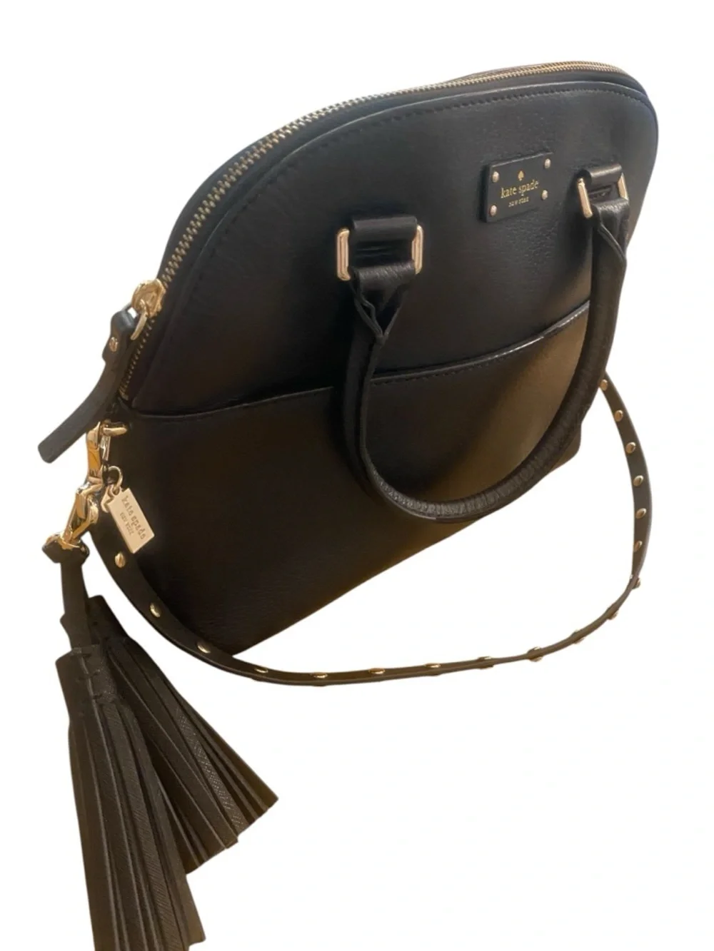 kate spade Carli Black Leather Dome Satchel Tassel Crossbody Optional Strap